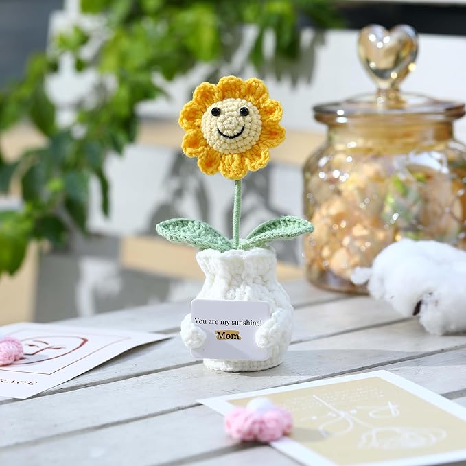 YOOJEE Valentines Day Gift for Mom Crochet Sunflower – You are My Sunshine! Mom! Crochet Gift from Daughter Son Kid - Handmade Knitted Sunflower Pot for Women, Appreciation Gifts Crochet Plant