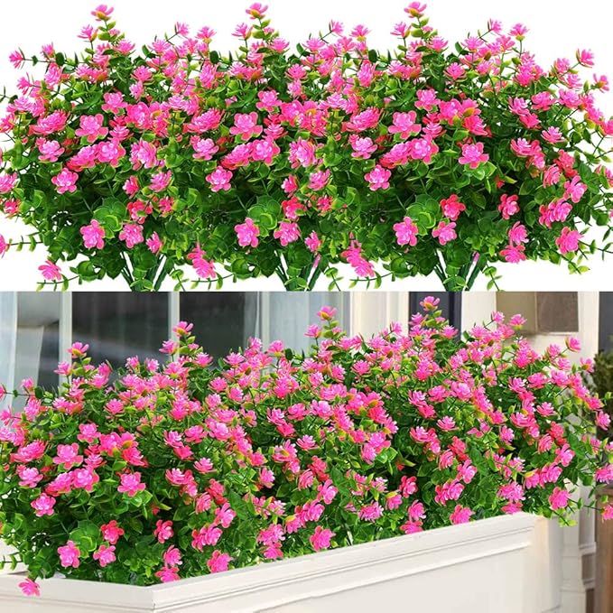 ArtBloom 12 Bundles Outdoor Artificial Flowers UV Resistant Fake Boxwood Plants, Faux Greenery for Indoor Outside Hanging Plants Garden Porch Window Box Home Wedding Farmhouse Décor (Pink)