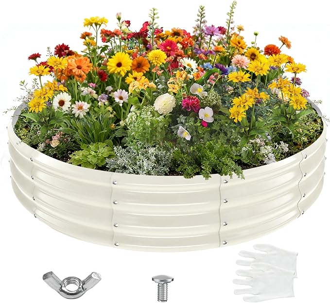 5FT Diameter Galvanized Garden Raised Bed/Plant Box/Fire Pit Ring - 0.8mm Thick,12 Inch Tall,Perfect for Planting a Variety of Flowers,Herbs,Vegetables (Cream White, 60 Dia X 12 inches)