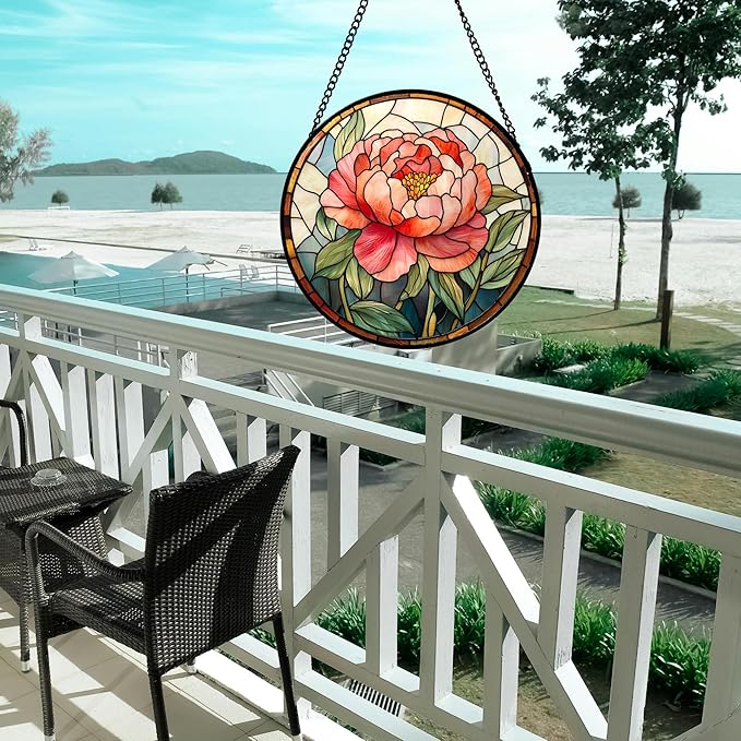 HWRHTR Stained Glass Window Hanging - Pink Peony Floral Suncatcher for Door Garden Yard Birth Flower Sun Catchers Decor Christmas Mother's Day Birthday Gifts for Women Mom Nana Wife Teacher 7.8 in