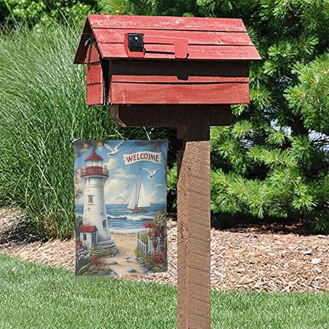 Lighthouse With Beach Garden Flag 12x18 Inch Double Sided All-Weather Polyester Outdoor Flag For Patio Lawn Yard And Garden Welcome Decor