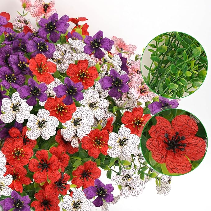 Artificial Flowers for Outdoors UV Resistant, Realistic Fake Silk Flowers Outside Weather Resistant Faux Plants for Window Box, Planters, Porch Decor-12 Bundles,Colorful