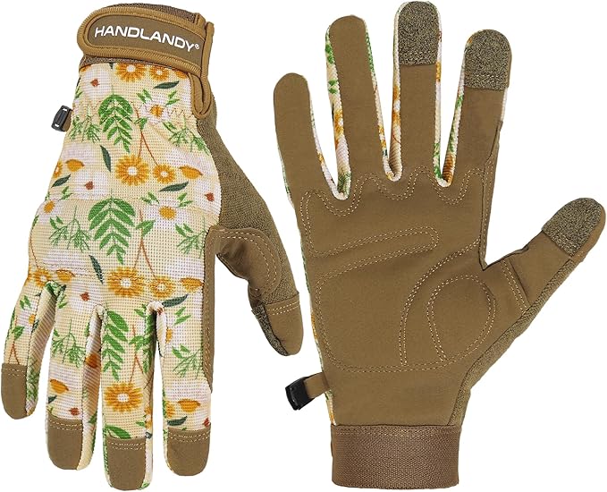 HANDLANDY Work Gloves for Women, Breathable Leather Gardening Glove for Yard Maintenance, Hand Protection with Touch Screen for Gardeners, Farmers