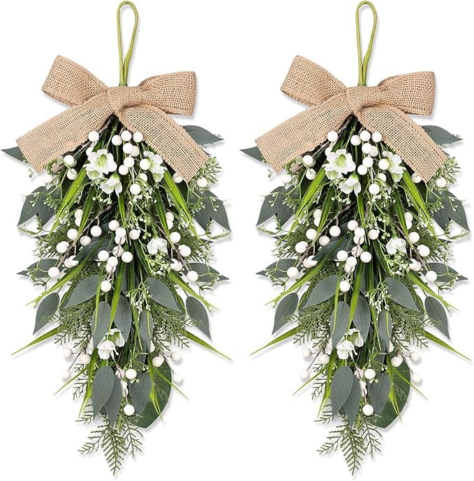 2 Pcs 24" Artificial White Flower Teardrop Wreaths Swag Spring Summer Berries Swags Wreath White Floral Hanging Wreaths for Kitchen Cabinet Doors Window Wall Wedding Party Home Decor