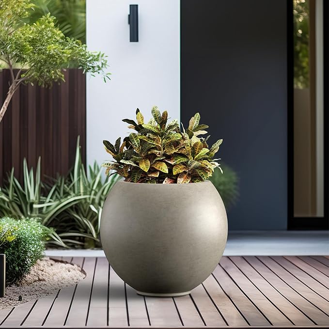 Kante Round Concrete Flower Pot, 19.3 Inch Dia (14" Opening) Sphere Shape Design Planter with Drainage Hole and Rubber Plug for Outdoor Plants, Weathered Concrete Finish with Painted Interior