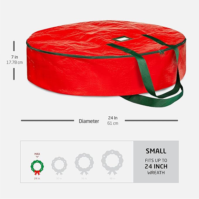 ZOBER Christmas Wreath Storage Container 24 Inch - Wreath Bag for Artificial Wreaths Box - Dual Zippered Wreaths Storage Bag with Strong Durable Handles - Red