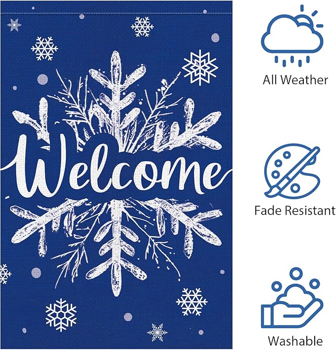 Heyfibro Welcome Christmas Winter Garden Flag 12x18 Inch Double Sided Burlap, Snowflake Yard Banner for Seasonal Holiday Xmas Outdoor Decoration(ONLY FLAG)