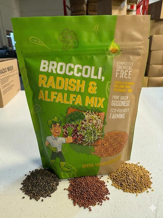 Todd's Seeds Sprouting Seed Mix; Broccoli, Radish, Alfalfa, Non-GMO, Chemical Free, High Germination (1/4 Pound)