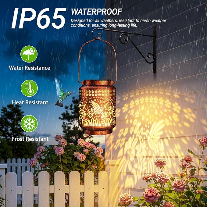 KOOPER 2 Pack Solar Lanterns Outdoor Waterproof Birthday Gifts for Women Mom Grandma, Upgraded Hummingbird Hanging Solar Lantern Lights Outdoor, 2 Modes Metal Outdoor Decoration for Yard, Patio