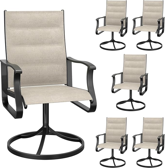 Patio Swivel Chairs Set of 6, Outdoor Dining Chairs with High Back, 360° Swivel Rocker Chair in All-Weather Padded Textilene & Metal Frame for Garden, Porch, Backyard, Balcony(Padded Beige)