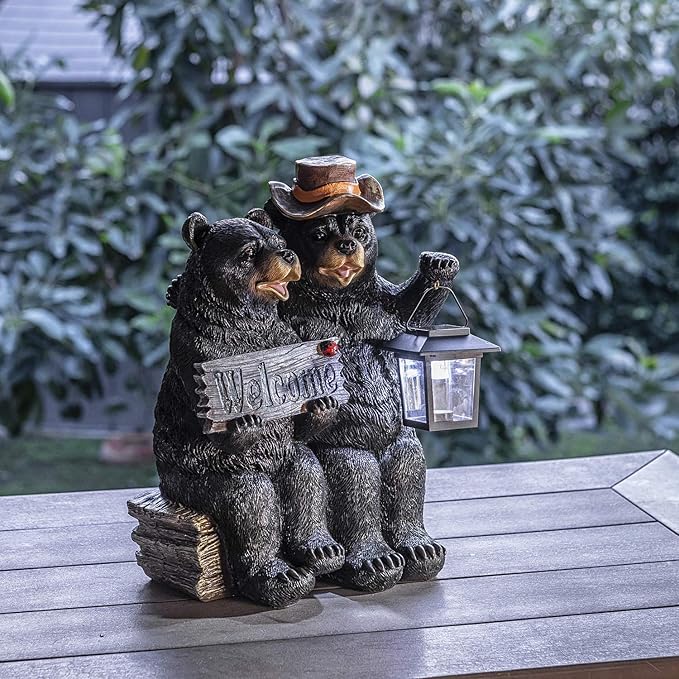 Alpine Corporation 15" H Outdoor Bear Couple with Lantern and Welcome Sign Statue with Solar LED Lights, Black