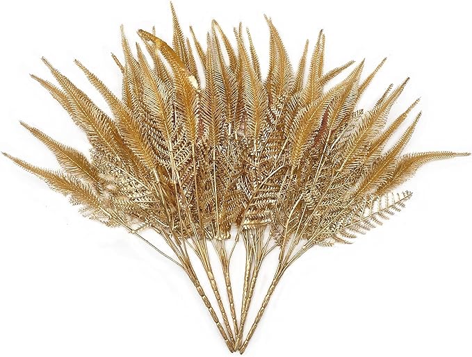 Fake Plants Christmas Decor, Artificial Golden Plant Fake Fern Shrubs Faux Plastic Leaves for Indoor Outdoor Home Garden Party Hall Wedding DIY Gold Foliage Decoration Tail Grass Bunches - 6 Pack