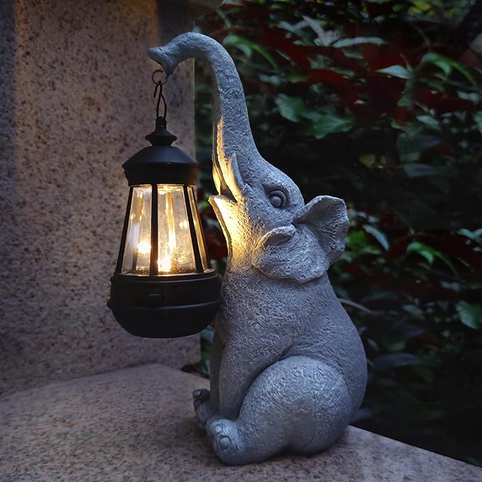 Qobumy Elephant Solar Garden Statues,Resin Elephant Figurine Decorations with Solar Lights Lantern, Outdoor Figurines Lawn Garden Statue Decor Art for Lawn,Yard, Balcony Ornament.