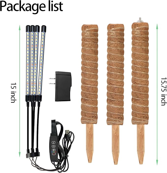 Grow Lights with Moss Pole for Indoor Plants, Full Spectrum LED Plant Light with Auto 3/9/12H Timer, Adjustable Height 15-54", Plant Lights Coco Coir Pole for Monstera, Philodendron, Climbing Plants