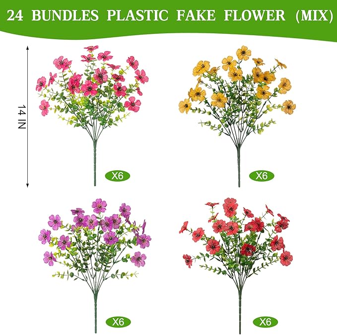 ADXORA 24 Bundles Artificial Flowers,Faux Plants for Spring Summer Decoration, UV Resistant Colorful Violets Eucalyptus for Outside Home Planter Porch Patio Yard Decor