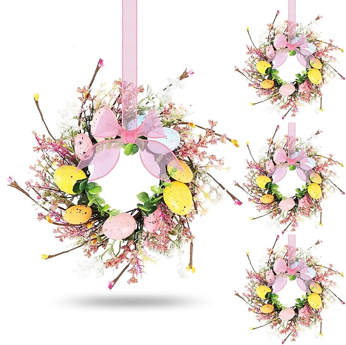 4 Pcs Easter Egg Candle Rings Wreaths Mini Artificial Spring Easter Egg Berry Wreath for Front Door Hanging Kitchen Cabinet Wreath with Ribbon for Porch Wall Window Farmhouse Decor