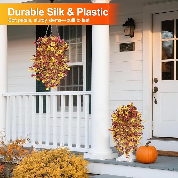 Fall Decor Artificial Flowers for Outdoor Decoration, 4Pcs Fake Hanging Flowers Mums Silk UV & Fading Resistant, Artificial Faux Plants for Home Patio Yard Garden Farmhouse Halloween