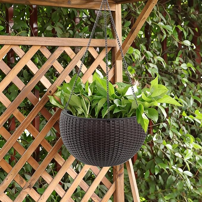 Vigo huseeo 13.5 inch 2Pack Large Hanging Planters for Outdoor/Indoor Plants, Self Watering Hanging Pot with Water Level Indicato, Drainage Holes and Chain for Garden Porch, Brown