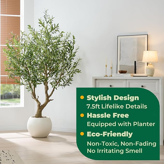 7.5 FT Large Luxury Artificial Olive Tree, Tall Faux Olive Tree with White Pot, Extra Lush Stereoscopic Shape, 5 Minutes Easy Set-up, Realistic Trunks and Lifelike Leaves & Fruits, Home Office Décor