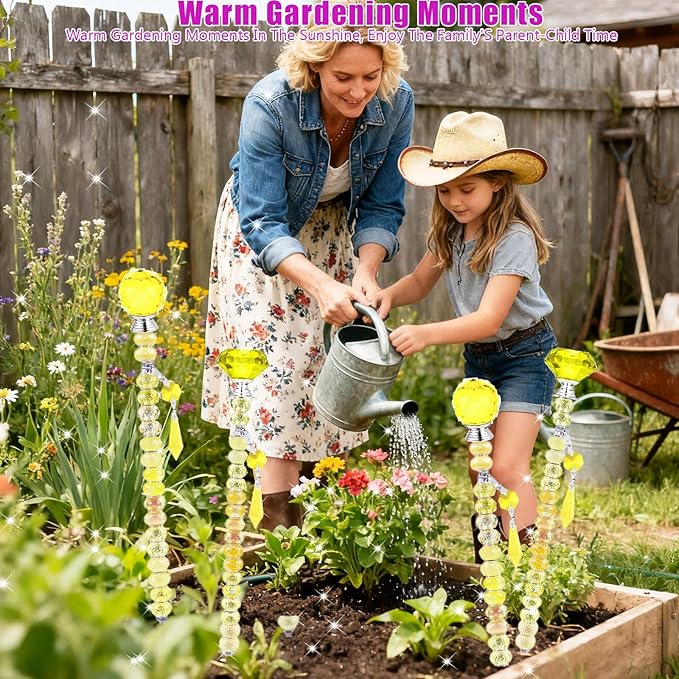 121 Pcs DIY Fairy Wand Beaded Garden Stakes Kit, Fairy Wands Garden Kit Yellow Large Hole Bead with Pendants Crystal Stopper Top Threaded Rod Beaded Garden Stakes Supplies for Outdoor Decorative