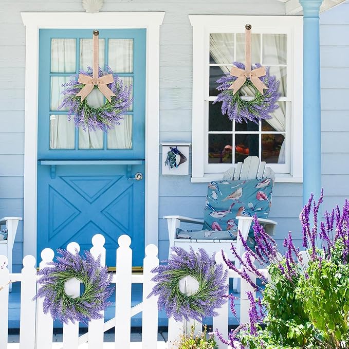 8 Pcs Pillar Candle Ring Wreaths Mini Purple Lavender Wreath Table Centerpieces 9 Inch Wreath for Cabinets Artificial Farmhouse Lavender Wreaths for Front Door Porch Wall Window