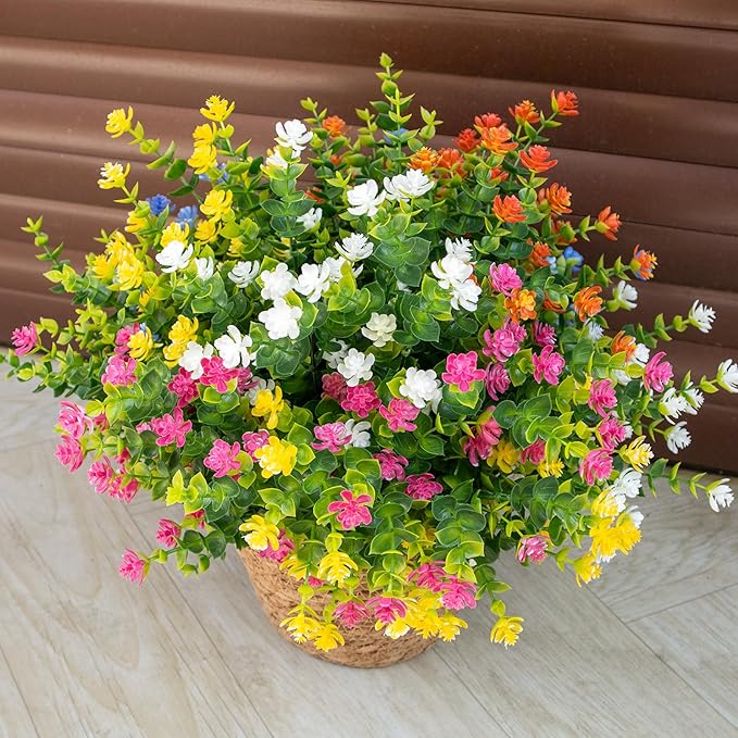 BCBLF Artificial Flowers Outdoors, 12 Bundles Fake Flowers UV-Anti for Decoration Faux Plastic Plants Garden Porch Window Box Décor, WhitePinkYellowOrangeBlueGreen