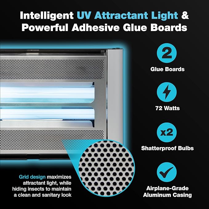 Catchmaster Vector Plasma Screened UV Light Fly Traps Silver, Gnat Traps for House Indoor, Shatterproof Bulbs, UV Lamp Insect Killer, Bug Catcher for Commercial Kitchen, Warehouse & Restaurants