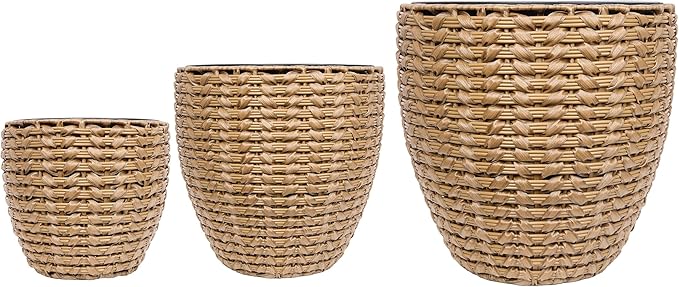 Alpine Corporation Indoor/Outdoor Poly Rattan Planters with Removable Inserts, Aesthetic Lawn and Garden Decor, Brown - Set of 3 Sizes