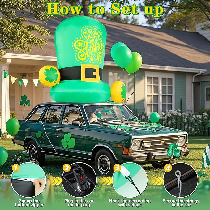 5FT St Patricks Day Inflatables Outdoor Decorations Car Roof Decoration Blow Up Leprechaun Hat Decor with Built-in LED Lights for Vehicle Yard Lawn Garden Outside Indoor Holiday Party