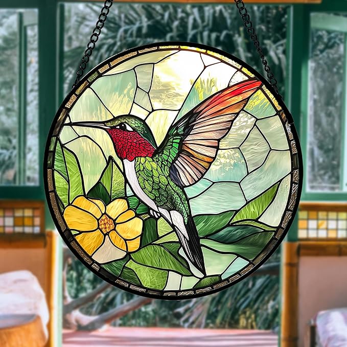 AMDERVEN Stained Glass Window Hanging, Green Hummingbird Sun Catcher for Door Home Decor, Birds Suncatcher Christmas Mother's Day Birthday Gifts for Bird Lovers Women Men Mom and Nana 15 in