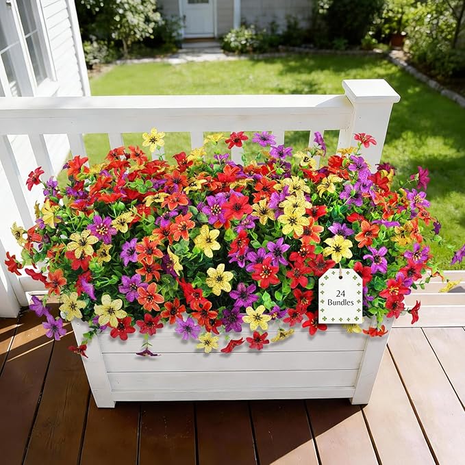 Homsunny 24 Bundles Artificial Flowers for Outdoors Fake Plants Spring Home Decoration, Realistic Faux Flower Silk Daisy with Eucalyptus Stem UV Resistant Patio Planter Porch Yard Window (4 Colors)