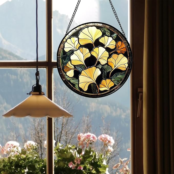 Stained Glass Window Hanging - Ginkgo Leaf Suncatcher for Doors Garden Patio Retro Fall Decor Sun Catchers Christmas Mother's Day Birthday Gifts for Women Men Mom Nana Friend 15 in
