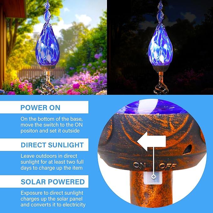 Naboher Solar Garden Lights Outdoor, Decorative LED Flame Garden Stakes, Hand Blown Glass and Outdoor Waterproof Glass Stakes (Dark Blue)