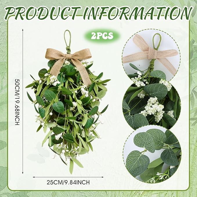 2 PCS 24'' Eucalyptus Wreaths for Front Door Artificial Greenery Teardrop Swags Spring Summer Green Swag Farmhouse Hanging Swags with Berry Ribbon for Wedding Home Outdoor Wall Cabinet Party Decor