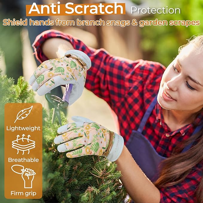 HANDLANDY Work Gloves for Women, Breathable Leather Gardening Glove for Yard Maintenance, Hand Protection with Touch Screen for Gardeners, Farmers