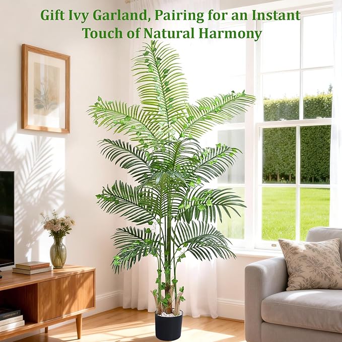 6 FT Artificial Plants Indoor, Tall Plant Palm Tree with Weighted Planter, Tropical Fake Tree with Realistic Leaves & Trunks for Home Office Living Room Bedroom Indoor Outdoor Decor