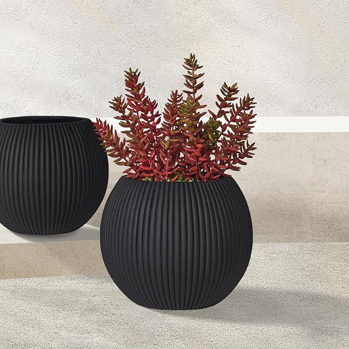 TerraDeco 16 Inch Handmade Concrete Outdoor Planter - Classic Striped Design | Fiberglass & Composite Material | Durable for Commercial & Home Decor