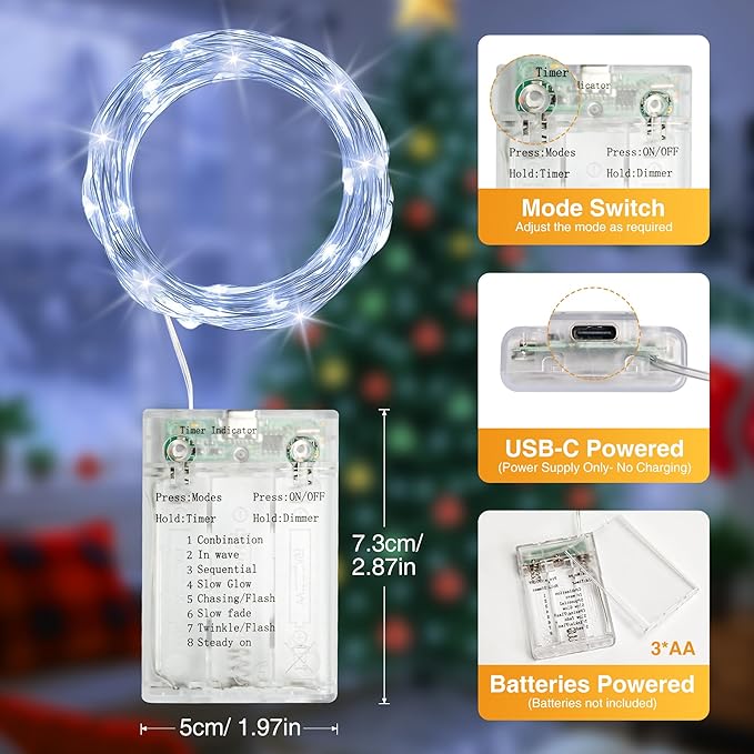 3 Pack 16FT 50 LED Fairy Lights Battery Operated with Timer, 8 Modes USB Mini Twinkle Light, Small String Lights for Christmas Tree Wreath Vase Bedroom DIY Party Decorations-Cold White