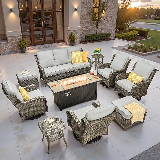 ovios 10 Pieces Patio Furniture Set, Outdoor Wicker Sofa Couch with Swivel Chairs 54" Fire Pit Table, High Back Modern All Weather Conversation Sets, Grey Rattan, Grey