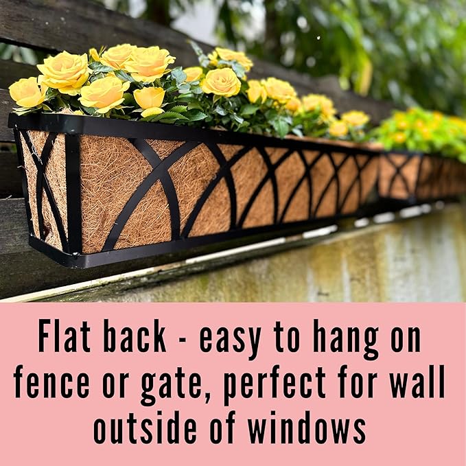 LaLaGreen Wall Planter (2 Pack, 24 Inch) Large Wall Hanging Planter Coco Liner Metal Iron Window Flower Boxes Outdoor Basket Box Attach House Outside Fence Rail Railing Plant Holder Deck Porch Balcony