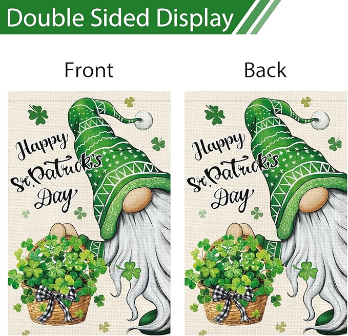 Heyfibro Happy St. Patrick's Day Gnome Garden Flag 28x40 Double Sided Burlap, Shamrock Basket Yard Flag for Spring Seasonal Irish Holiday Farmhouse Yard Outdoor Decor(ONLY FLAG)