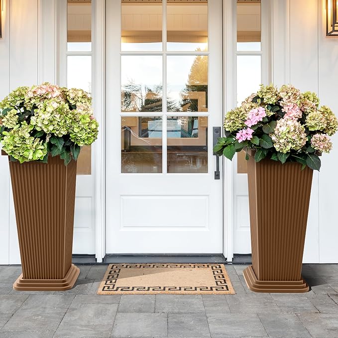 TUYOHW Set of 4 24" Tall Plastic Planters with Trays, Large Tapered Plant Pots for Indoor Outdoor Use, Modern Decorative Planters for Porch, Patio, Garden, and Backyard