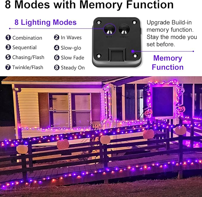 YAOZHOU Halloween Decorations Outdoor Lights, Solar String Lights Purple Orange IP67 Waterproof 2 Pack Total 200 LED 66FT 8 Modes Fairy Lights, Outside Fall Decor for Tree, Garden, Patio, Fence, Lawn