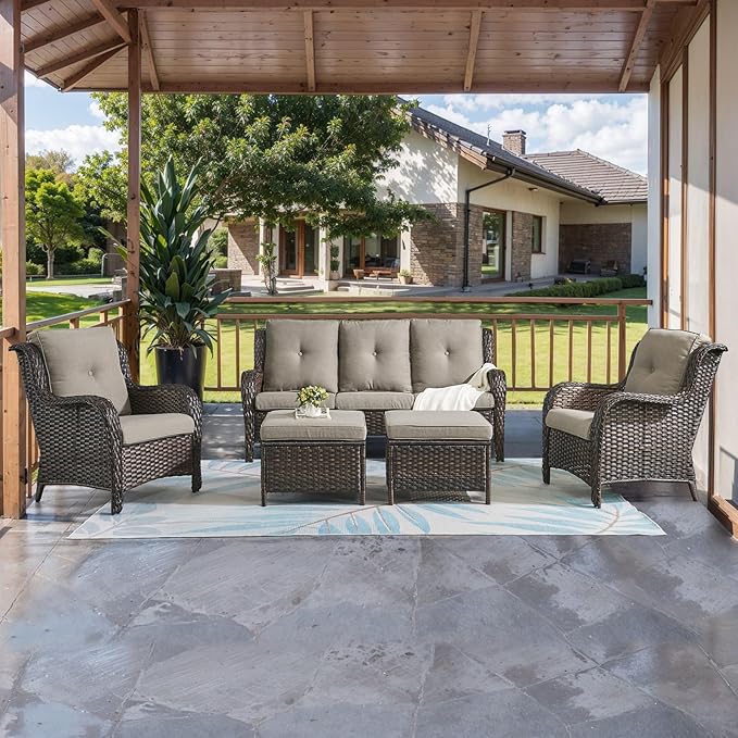 HUMMUH Outdoor Furniture 5 Pieces Patio Furniture Set Wicker Outdoor Sectional Sofa with 2 Patio Chairs,Ottomans