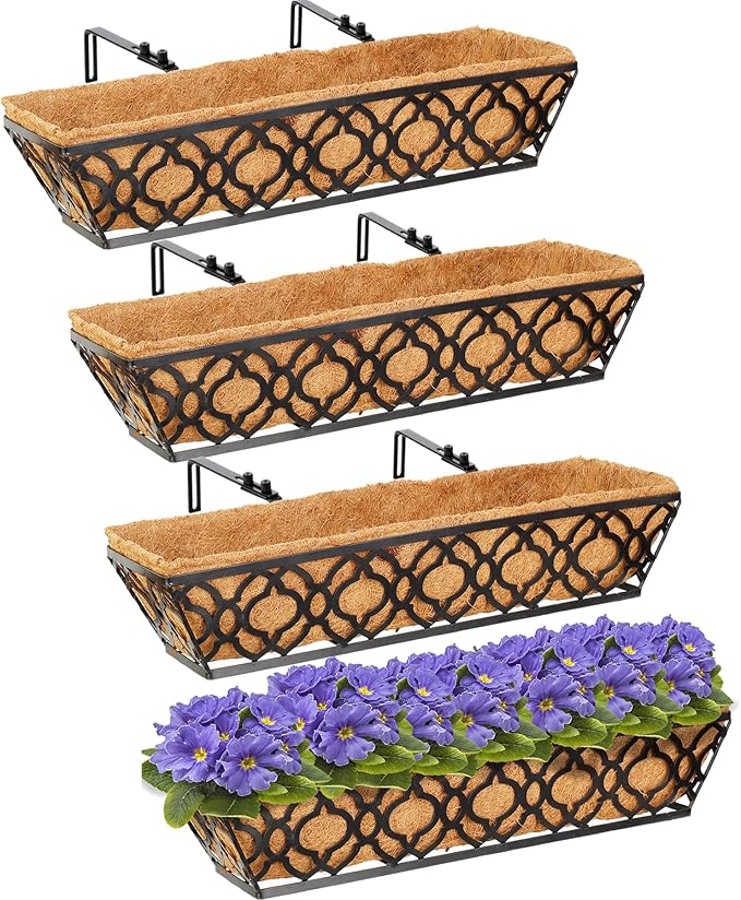 HFHOME 24 Inch Window Deck with Coco Liner, 24" Window Boxes Horse Trough with Coconut Coir Liner, Black Metal Hanging Flower Planter Basket Railing Planter for Outdoor Indoor Lawn - 4 Pack