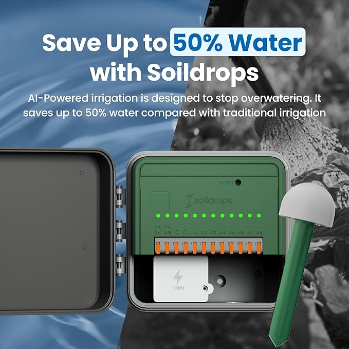 Soildrops AI Smart Sprinkler Controller, 8-Zone WiFi Irrigation Controller for Indoor & Outdoor Use, DIY Garden & Lawn Watering Kit, App-Based Auto Watering