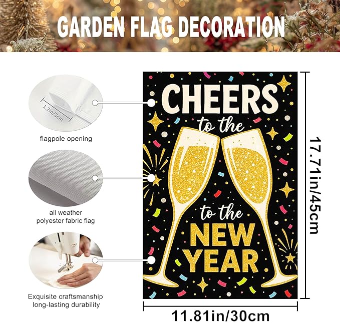 Cheers to the New Year Garden Flag 12x18 Inch Double Sided New Year Garden Banner Outdoor Yard Decor Black Gold Champagne Toast Party Decoration Lawn Flag