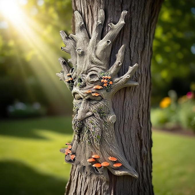 Teaeeno Charming Tree Face Garden Decor, Whimsical Old for Man Resin Statue with Foliage Features, Large Outdoor Tree Hugger for Yard Art, Root Detail,Trees Decor Outdoor Wallmounted Statue (Mushroom)