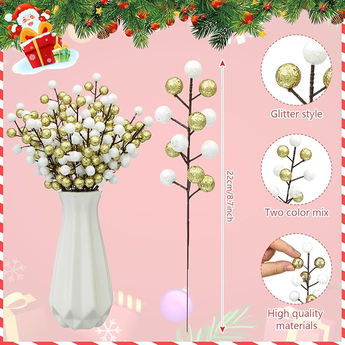 24 Pcs Christmas Glitter Berries Stems, 8.8" H Artificial Christmas Picks for Xmas Tree Ornaments, Holiday Wreath DIY Crafts, Xmas and Home Decor (Gold, White)