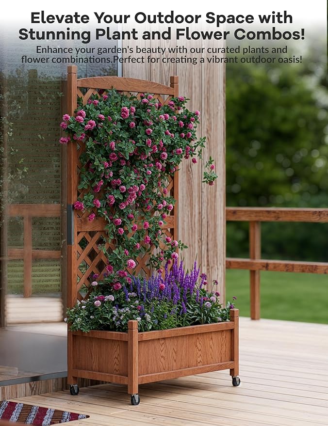 1 PCS Wooden Planter Box with Trellis, 29.5x13x61.5 in – Elevated Raised Garden Bed with Drainage Holes & Locking Wheels – Perfect for Outdoor, Balcony, or Indoor Gardening – Quick Assembly